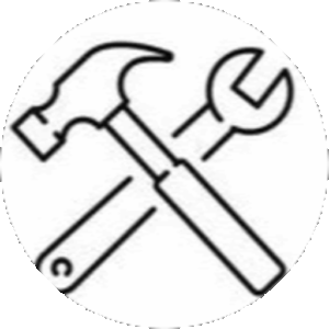 black and white outline logo of a hammer crossed with a wrench