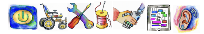 rough watercolors of small DIY symbols, a screwdriver and wrench, a powerchair, a spool of thread, a human and robot handshake