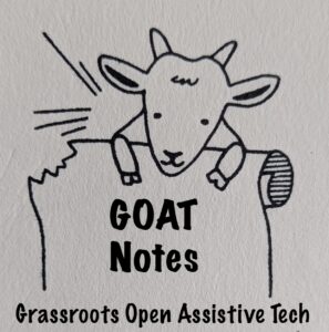 a cute cartoon goat holding a paper scroll that says GOAT Notes. there is a bite out of the top of the scroll for extra cuteness